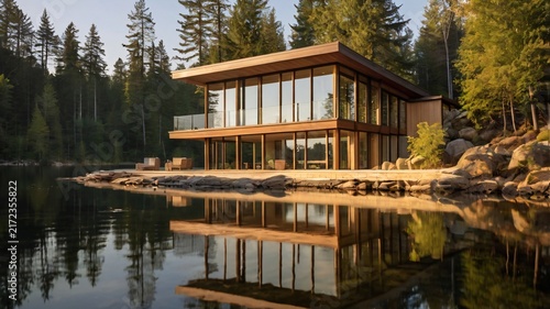 Modern architectural lakeside retreat nestled among a serene pine forest, reflecting beautifully on calm water
