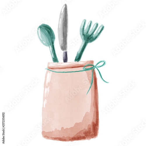 A handmade pink container holding a spoon, knife, and fork, decorated with a simple tied ribbon and rustic painted details.