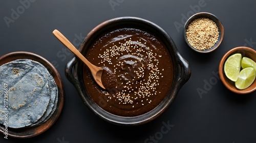 Traditional mexican mole negro sauce served in rustic clay bowl with blue corn tortillas and fresh green lime wedges closeup