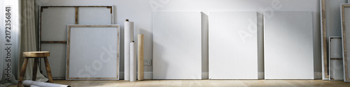 Canvas Mockup in Artist Studio, 3D Render