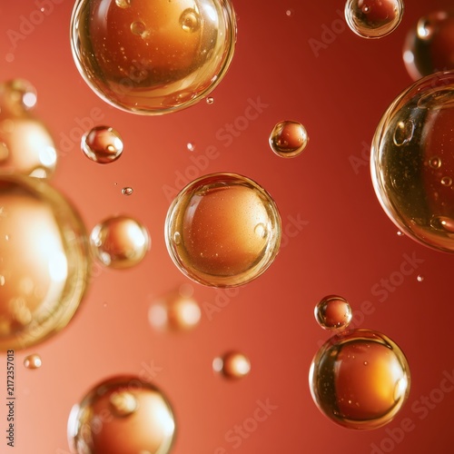 Golden oil droplets suspended in a warm, soft-focus amber liquid background
