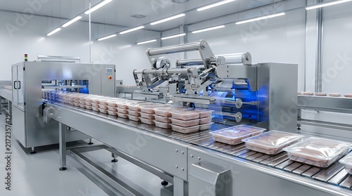 Meat packaging production line in modern food processing factory with automated conveyor system