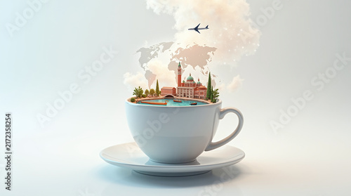 Travel planning illustration with Venice inside a coffee mug