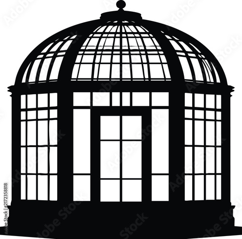 Victorian conservatory silhouette with detailed glass panes for elegant garden architecture.