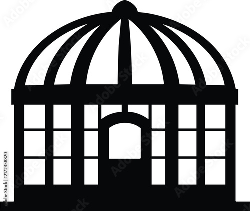 Symmetrical garden gazebo silhouette with central arched door for park landscape planning.