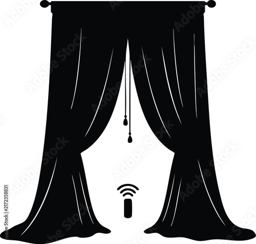Smart home curtain automation system silhouette with remote control for modern house tech.