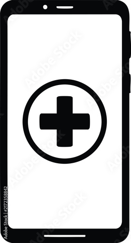 Medical mobile application silhouette with cross symbol on smartphone for health services.