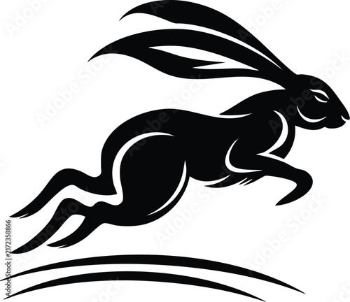 Leaping black rabbit silhouette for speed and active movement design element.