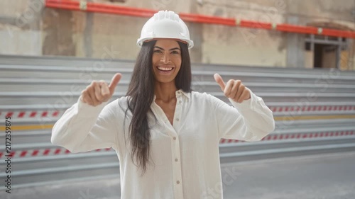Woman architect in hardhat giving double thumbs up at building site, smiling with visible hands and thumbs; pride teamwork success.