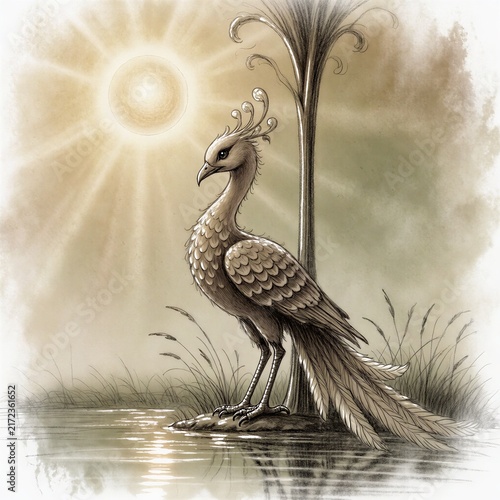 Elegant peacock standing by a tranquil pond under a bright sun  