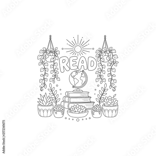 Symmetrical Book Stack Globe Read Line Art