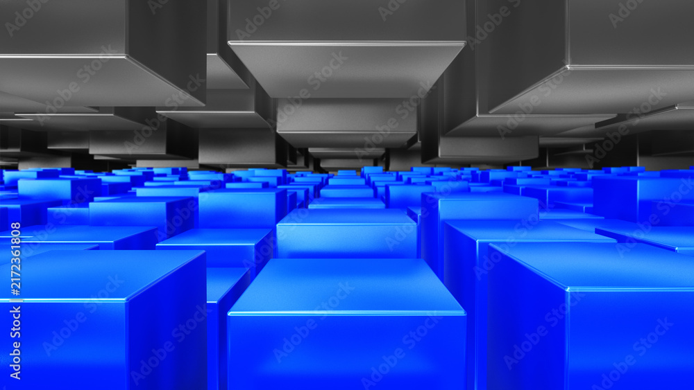 Fototapeta premium Grey and Blue 3D geometric blocks creating a glowing abstract technology background with depth and perspective.