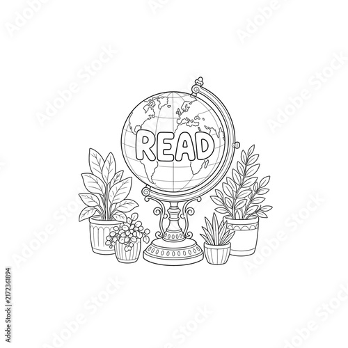 Vintage Desktop Globe Greenery Read Line Art