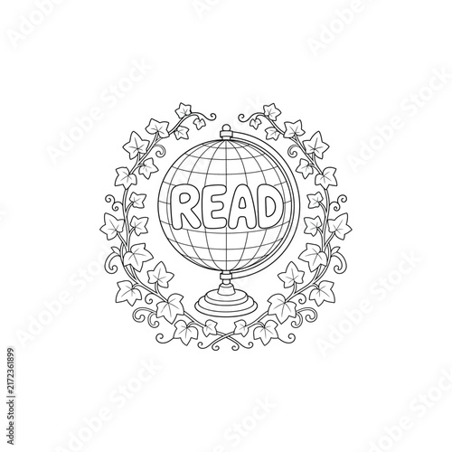 Vintage Globe Grid Ivy Vine Read Line Art