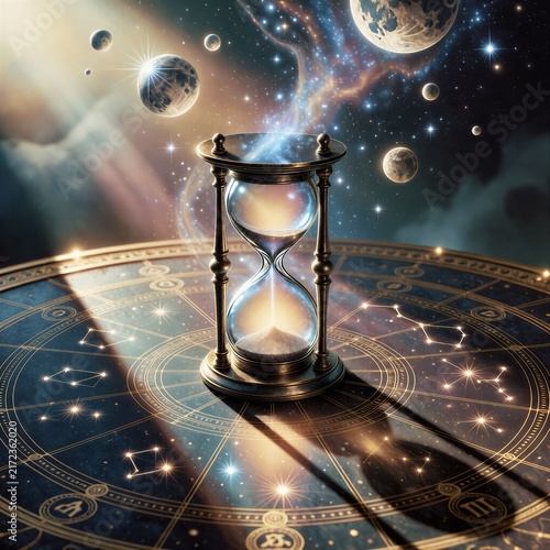 Celestial hourglass with cosmic background and zodiac symbols  