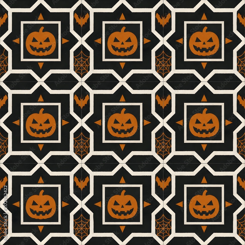 Seamless Halloween pattern with orange jack-o'-lantern pumpkins, bats, and spiderwebs on geometric tile background