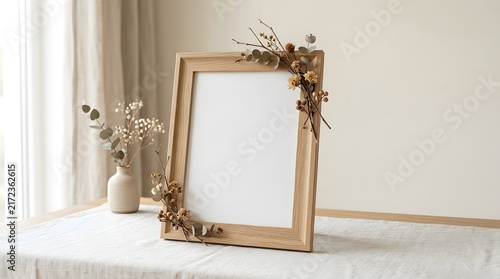 Blank wooden portrait frame decorated with dried flowers and branches stands on a linen table for professional creative mockup display
