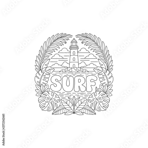 Arched Palm Frame Lighthouse Surf Line Art