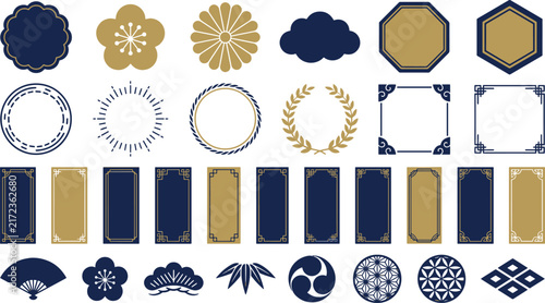 Set of traditional japanese decorative elements frames and patterns in blue and gold colors with japanese decoration traditional oriental ornament collection