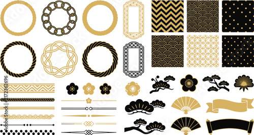 Collection of black and gold japanese style decorative frames borders and patterns with japanese decoration traditional oriental ornament collection background