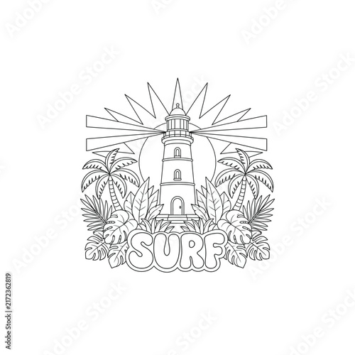 Lighthouse Sweeping Light Rays Surf Line Art