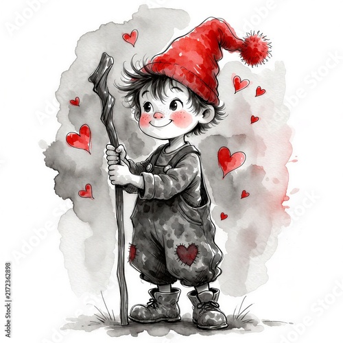 Happy child in red hat holding a stick surrounded by hearts  
