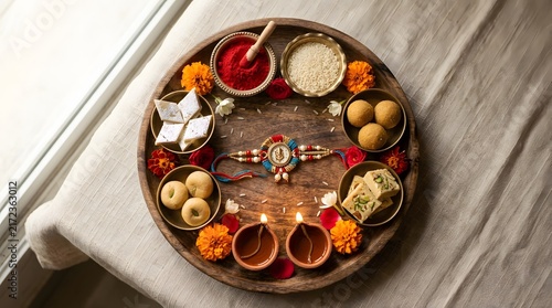 Traditional Raksha Bandhan puja thali featuring colorful sacred thread, sweet mithai, glowing clay lamps, vermilion powder and fresh marigold flowers