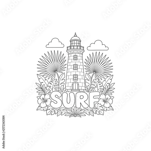Stone Lighthouse Fan Palm Surf Line Art