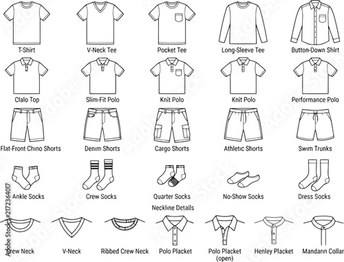 Set of male clothing fashion icons including t-shirts polo shirts shorts and socks with detailed garment sketches for apparel design and retail catalog illustration
