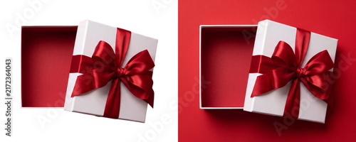 Fototapeta kuchenna Lid ajar open empty white gift box tied with red ribbon bow, mockup isolated transparent PNG cutout flatlay