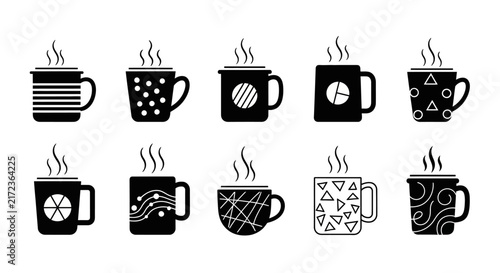 assortment of black coffee mugs with diverse patterns like stripes dots and shapes isolated on white