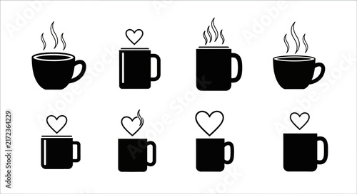 Coffee mug icons with heart and steam symbols vector set of black silhouettes for cafe branding and restaurant menu design isolated on white background square