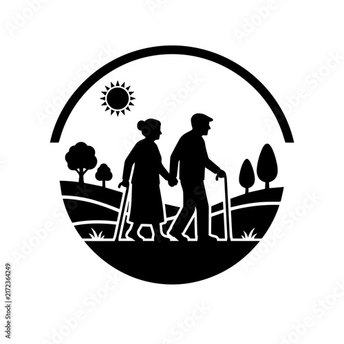 Senior couple hiking together with walking sticks in landscape round logo