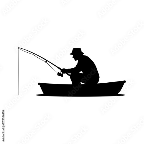 Detailed black silhouette of an angler fishing from a small rowing boat