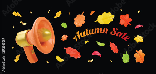 Autumn Sale Banner Vector illustration. 3d cartoon megaphone and Autumn leaves floating in the wind, Cute 3d plastic fallen foliage and Loudspeaker. Promotion flyer on black background