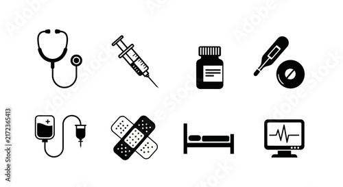 Healthcare and medical equipment icons set featuring stethoscope syringe pills thermometer bandage and heart rate monitor symbols in black flat style vector