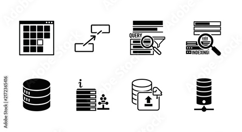 Data management icons showing database servers, indexing, search queries, and data flow for technology and information systems visualization