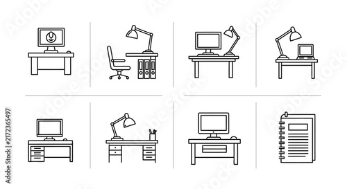 Eight icons depicting various office desk setups with computers chairs lamps and storage solutions for workspace planning