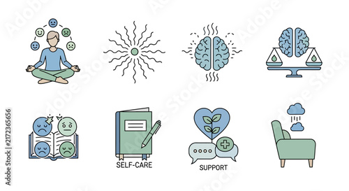 Mental health and self care icon set featuring meditation brain balance and support symbols for psychological wellness and therapy isolated on white background