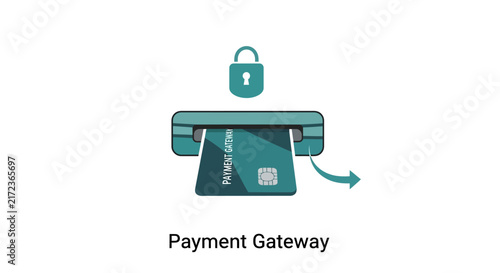 Payment gateway concept with credit card entering secure machine and padlock icon representing safe online financial transactions and banking vector illustration