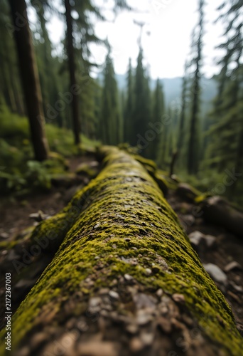 Mossy log high key lighting panoramic wide vista