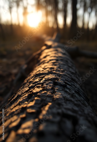 Fallen tree trunk macro detail shot long shadows at dusk