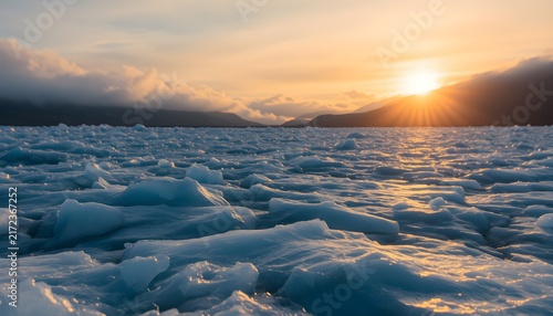 Glacier field wind swept backlit by sun