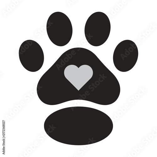 Black animal paw print with heart symbol isolated on white