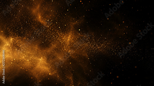 Quadro su tela Golden Bokeh Light Particles and Sparkling Trails on Dark Background, Festive Lu