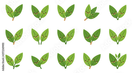 Collection of green leaves with cute faces on white background.