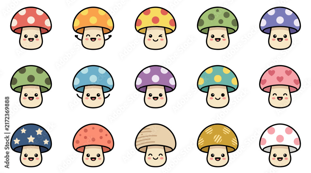 Obraz premium Collection of Cute Cartoon Mushrooms with Happy Faces.