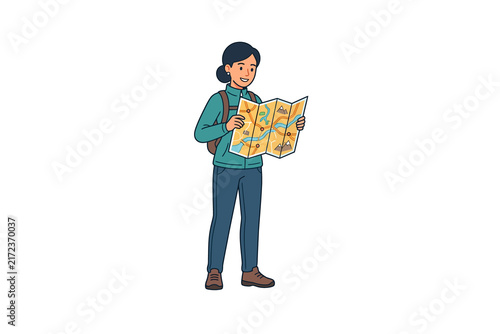 Canvastavla Woman Hiker Looking at Map Vector Illustration