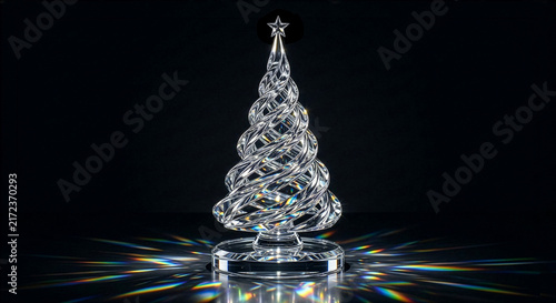 Crystal Christmas tree sculpture with star topper on dark background with rainbow prism light dispersion. Luxury glass holiday decor and New Year gift concept.