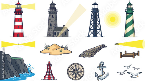 Maritime Lighthouse Vector Icon Set with Coastal Beacon Towers Anchor Compass Ocean Waves Seagulls and Nautical Navigation Symbols for Travel and Marine Designs
